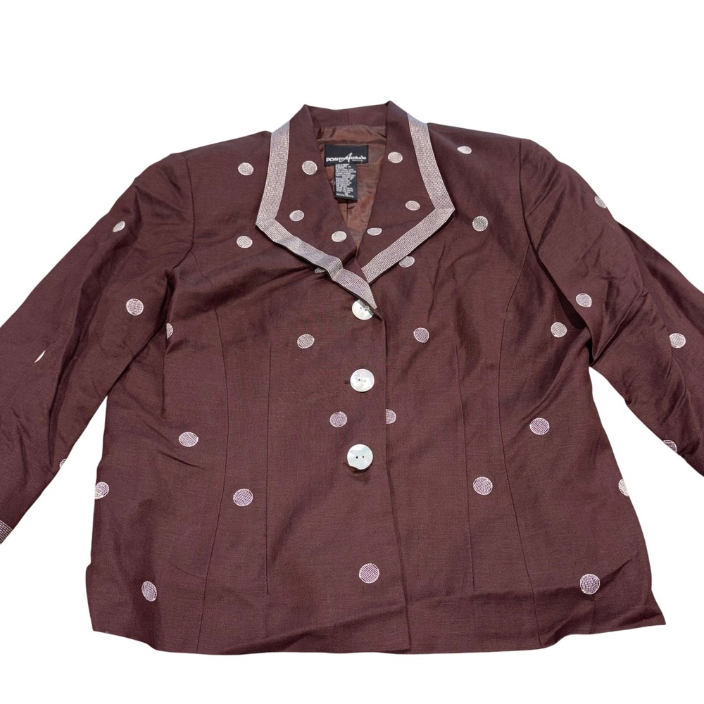 Vintage‎ Polka Dot Linen Blend Blazer Jacket Women 12P Brown Positive Attitude